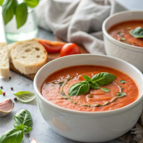 SEO-friendly alt text describing the featured image of creamy tomato basil soup