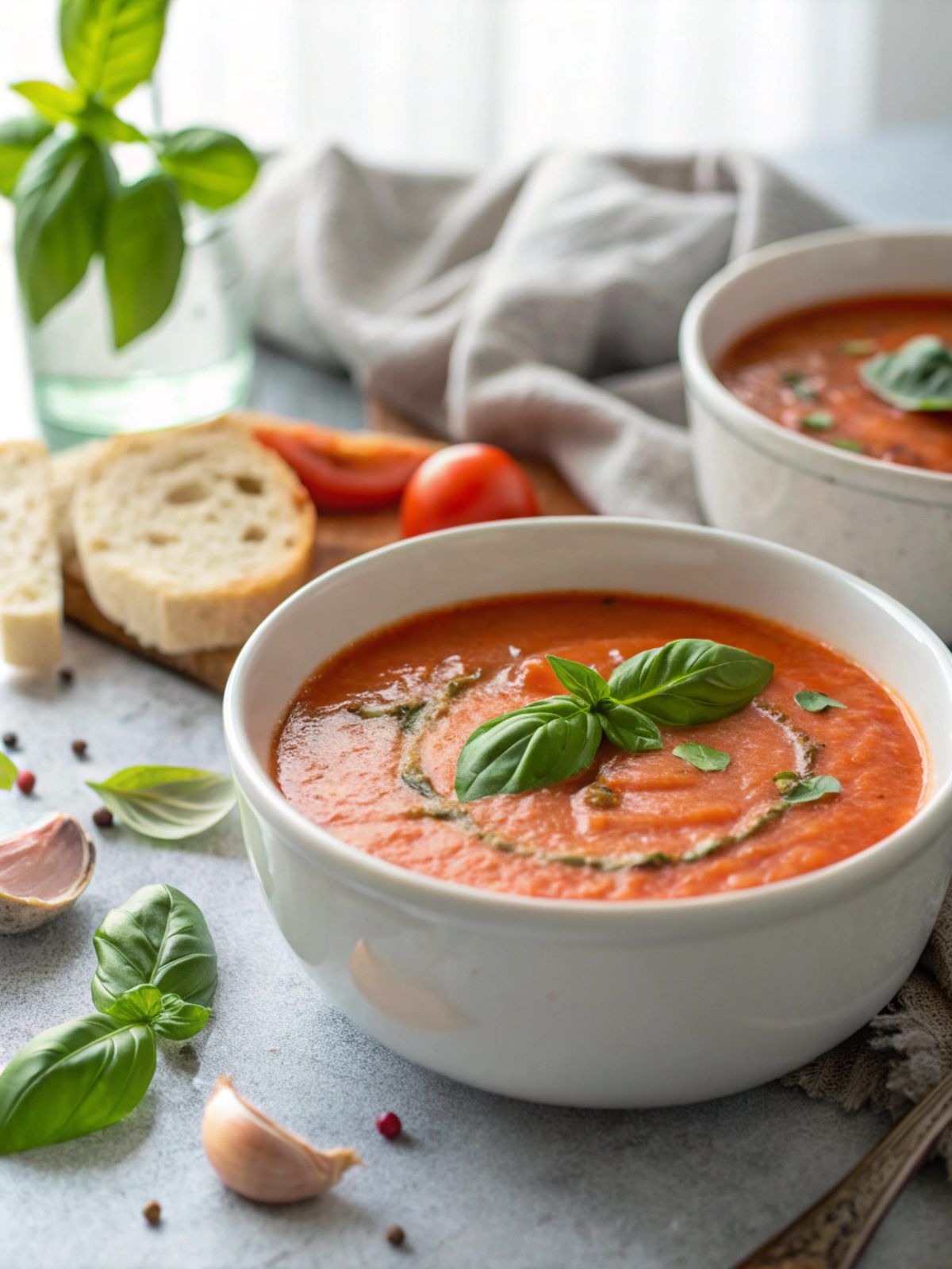 SEO-friendly alt text describing the featured image of creamy tomato basil soup