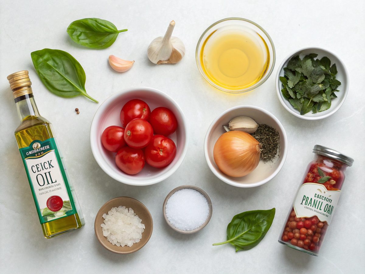 A visual display of creamy tomato basil soup ingredients.