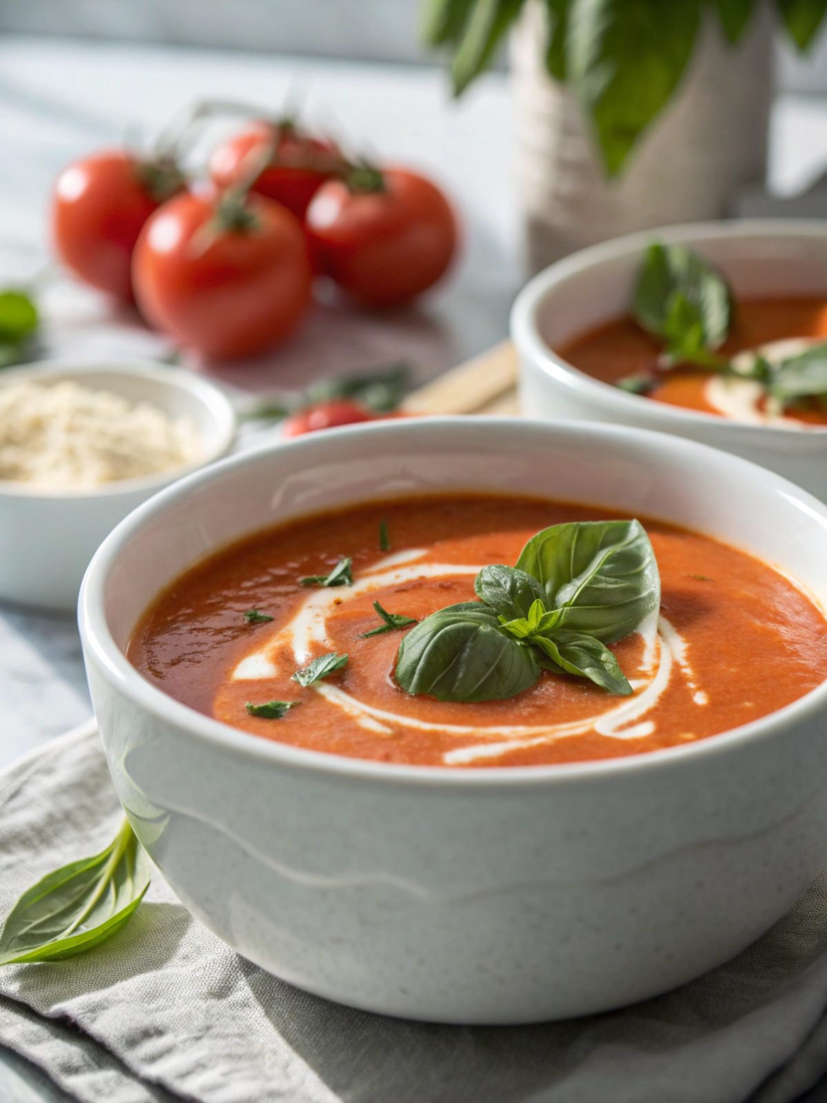 Featured image showcasing creamy tomato basil soup in a bowl.