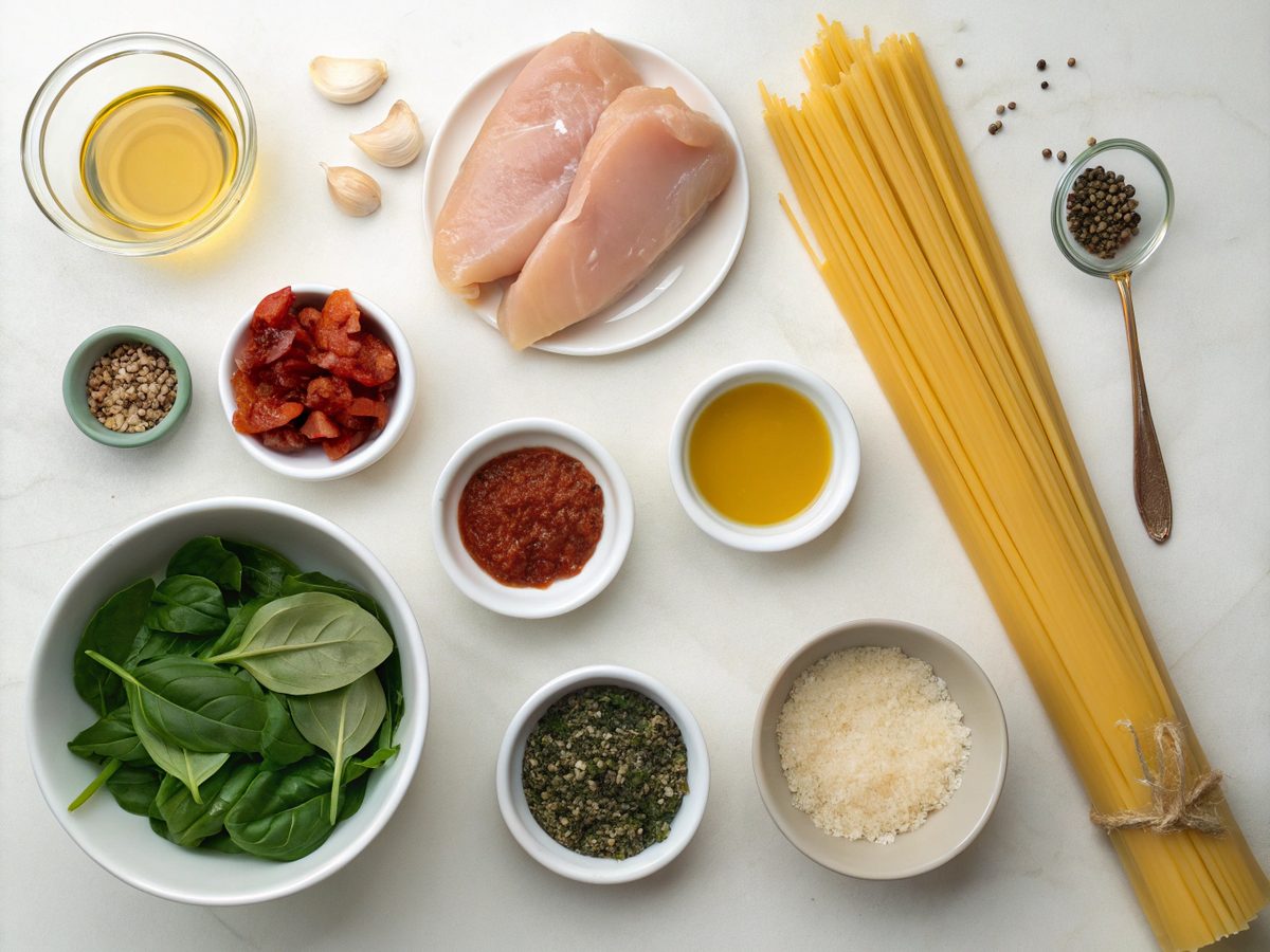 Ingredients for Creamy Tuscan Chicken Pasta laid out on a kitchen counter.
