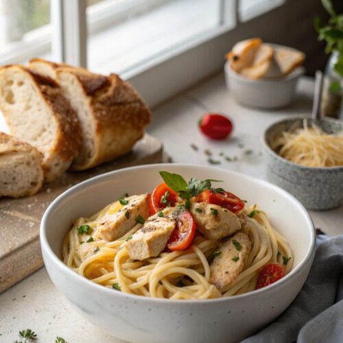 A plate of rich, creamy Tuscan Chicken Pasta served beautifully.