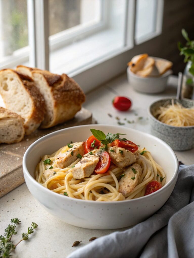 A plate of rich, creamy Tuscan Chicken Pasta served beautifully.