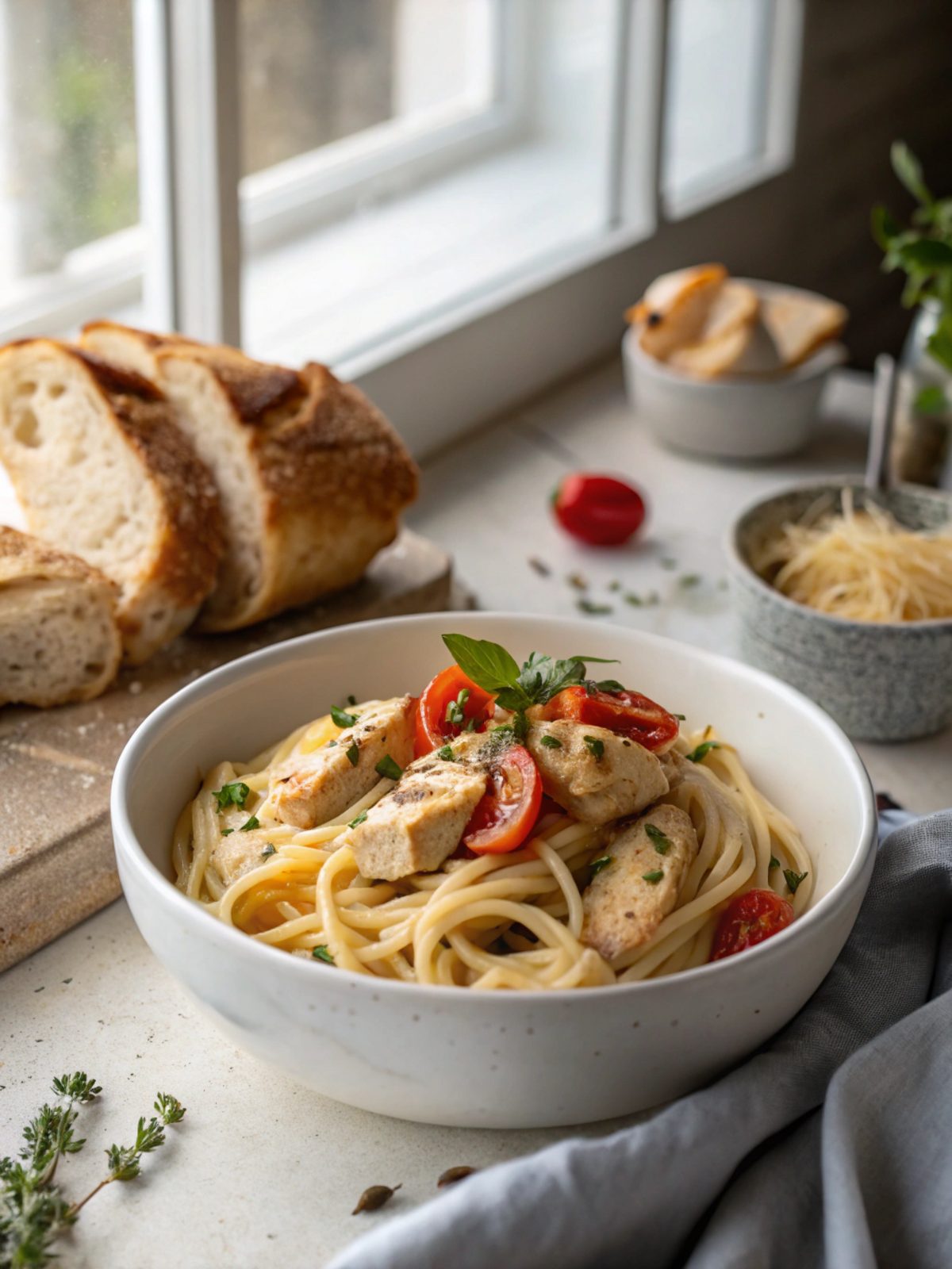 A plate of rich, creamy Tuscan Chicken Pasta served beautifully.