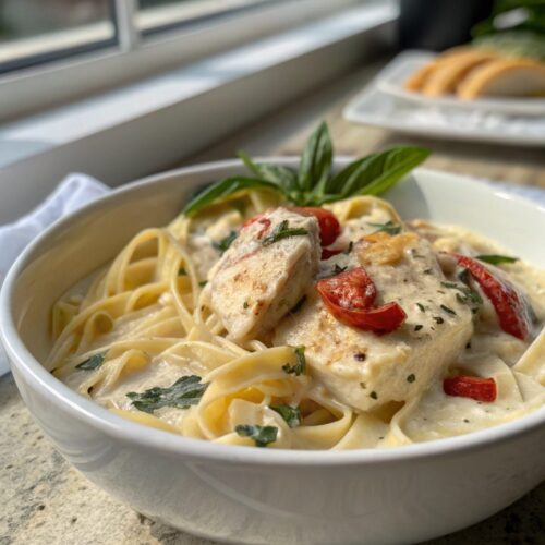 Feature image of creamy Tuscan garlic chicken served deliciously