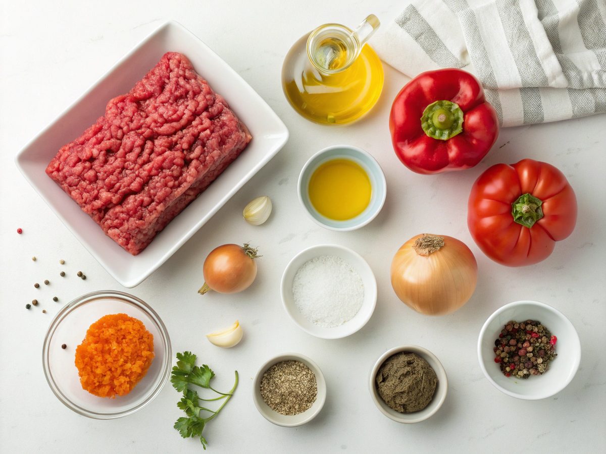 Ingredients for creating a delicious ground beef recipe, including beef, vegetables, and spices.