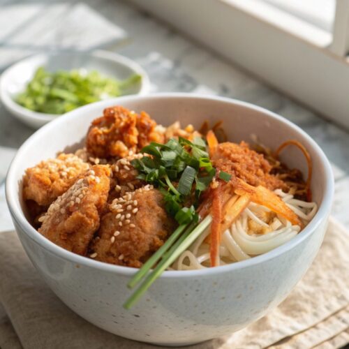 Delicious crispy baked bang bang chicken served in a white ceramic bowl.