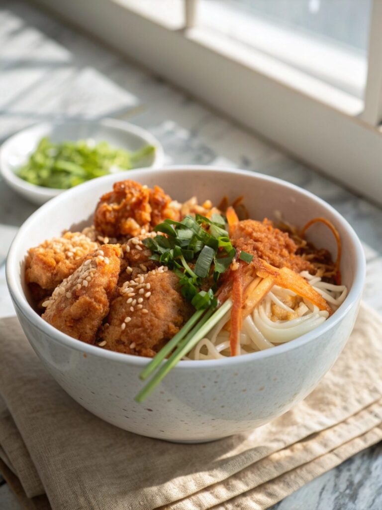 Delicious crispy baked bang bang chicken served in a white ceramic bowl.