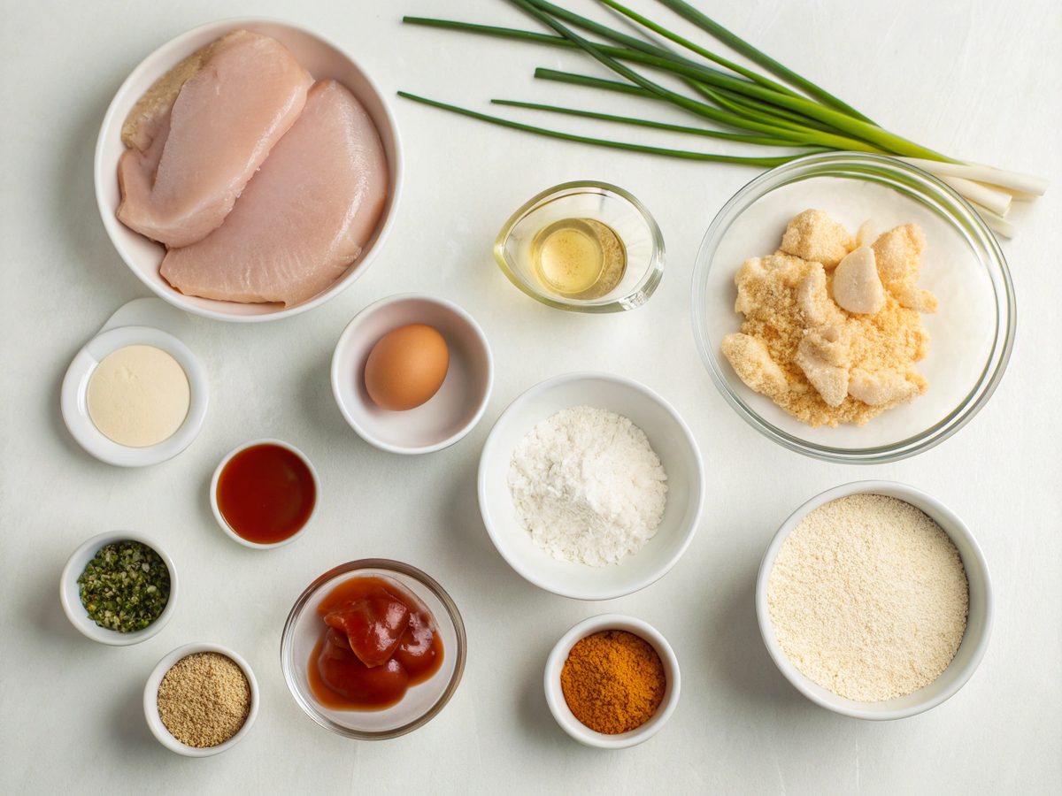 Flat lay of ingredients for crispy baked bang bang chicken, including chicken thighs, breading ingredients, and sauces.