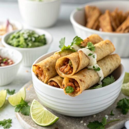 Delicious and crunchy crispy chicken taquitos served hot.