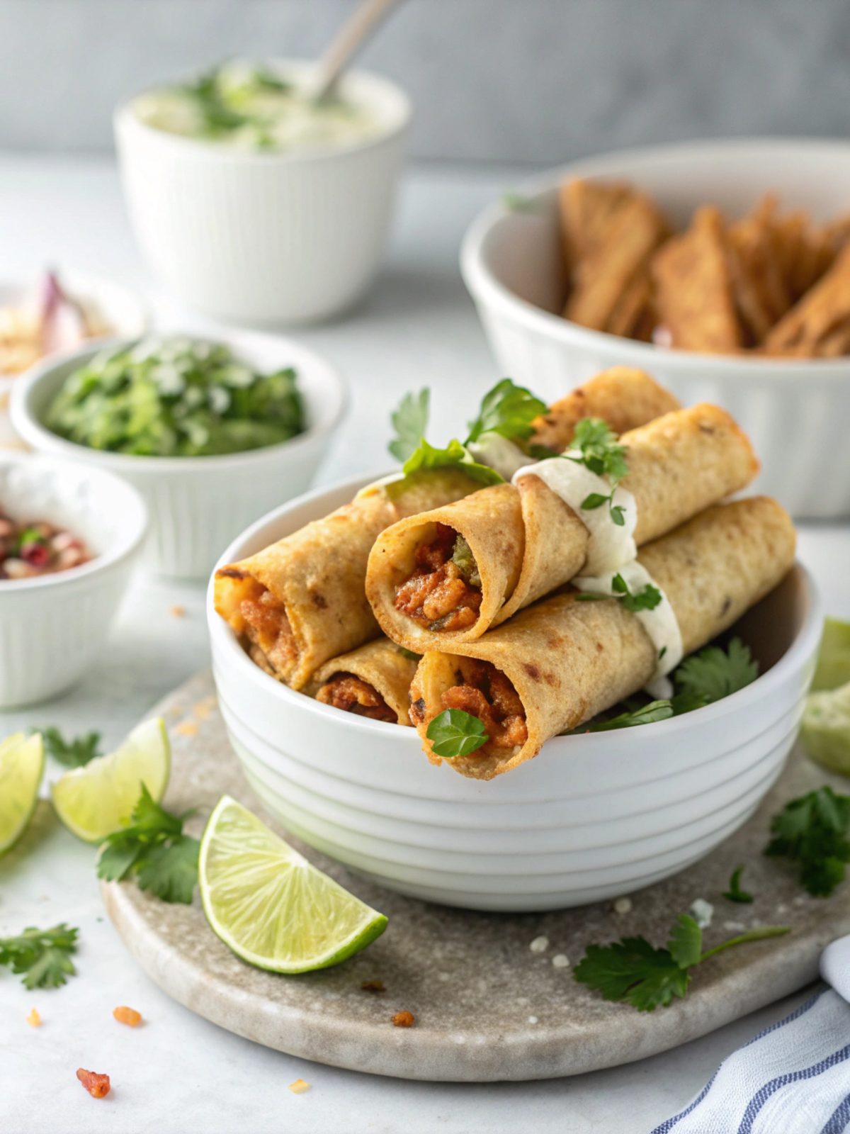 Delicious and crunchy crispy chicken taquitos served hot.