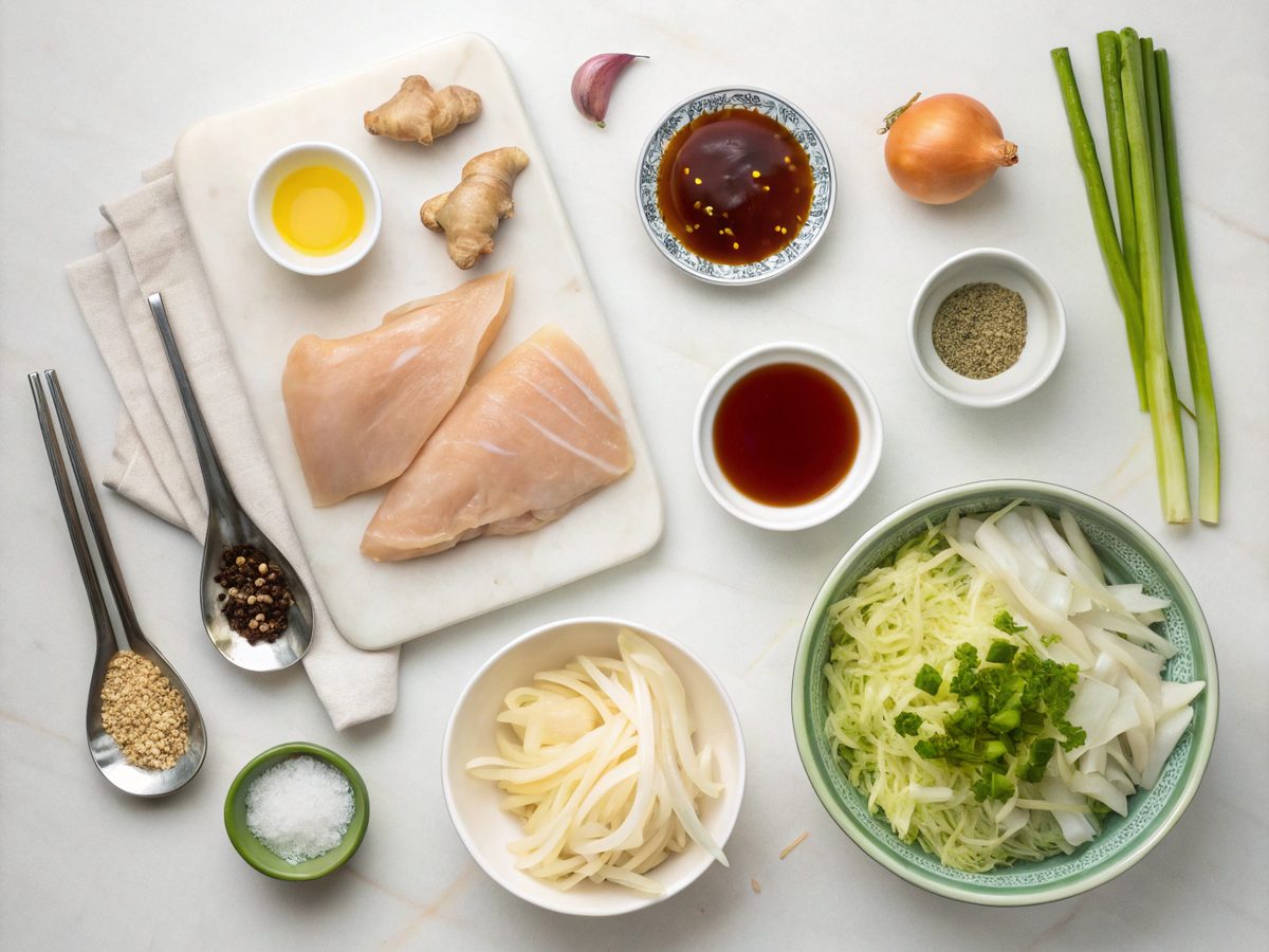 Flat lay of ingredients for crispy chicken wonton tacos including chicken, wonton wrappers, and spices.