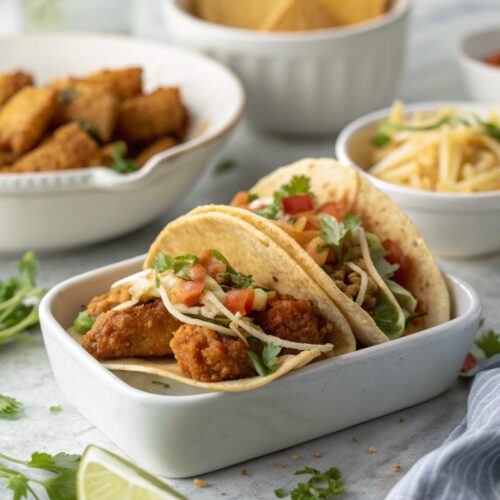 Stunning image of crispy chicken wonton tacos arranged with fresh garnishes.