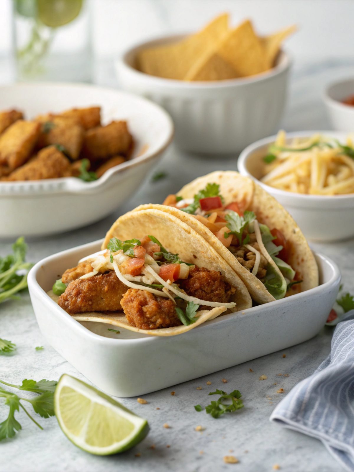 Stunning image of crispy chicken wonton tacos arranged with fresh garnishes.