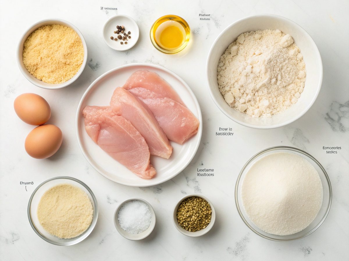 Ingredients for making crispy fried chicken cutlets laid out on a kitchen counter