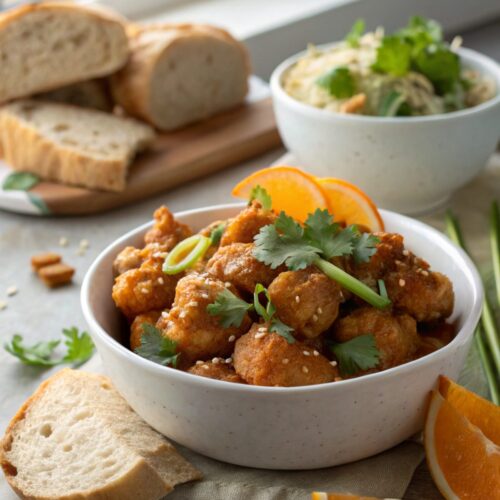 A delectable serving of crispy orange chicken garnished with green onions and sesame seeds.