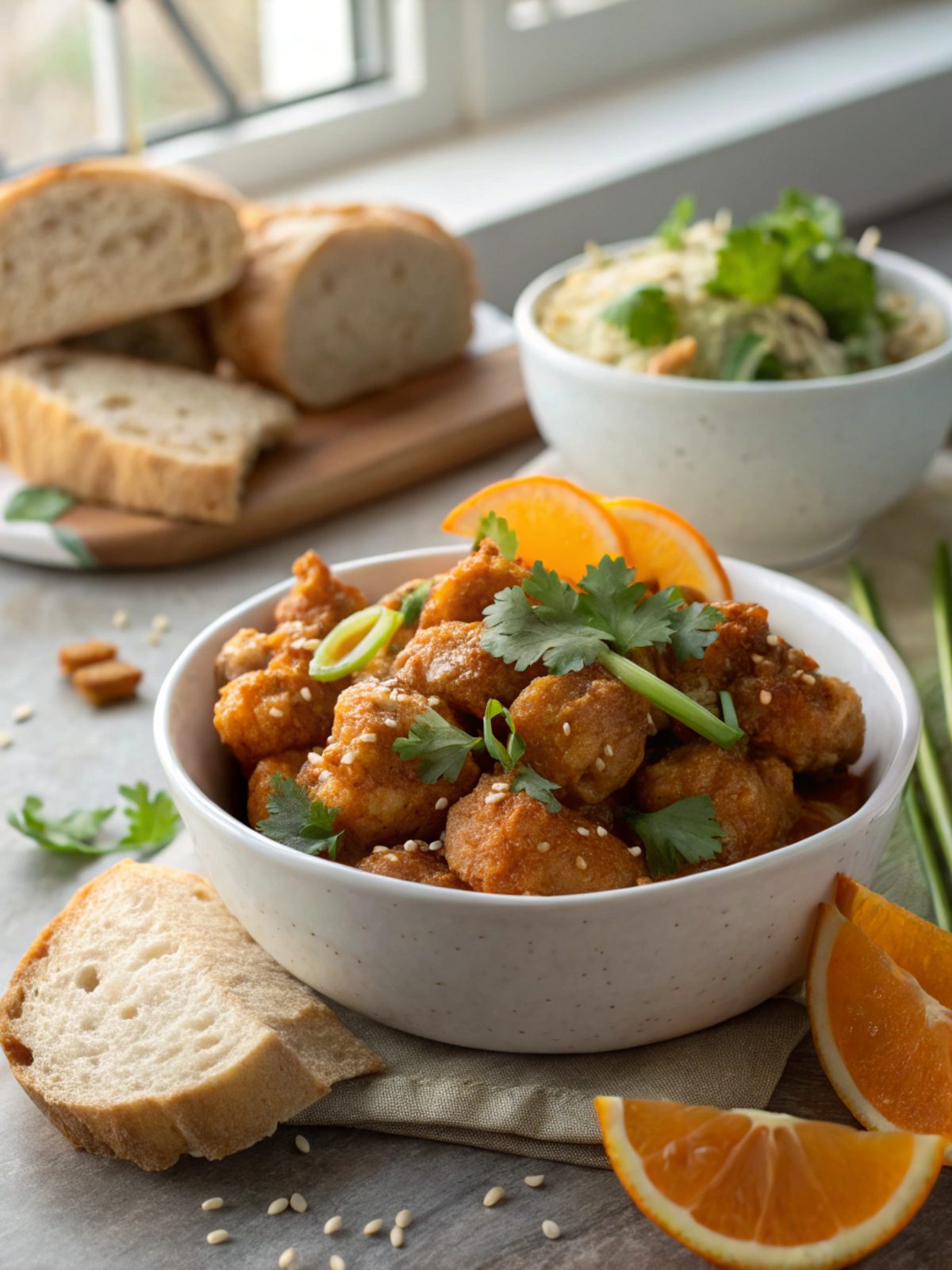 A delectable serving of crispy orange chicken garnished with green onions and sesame seeds.