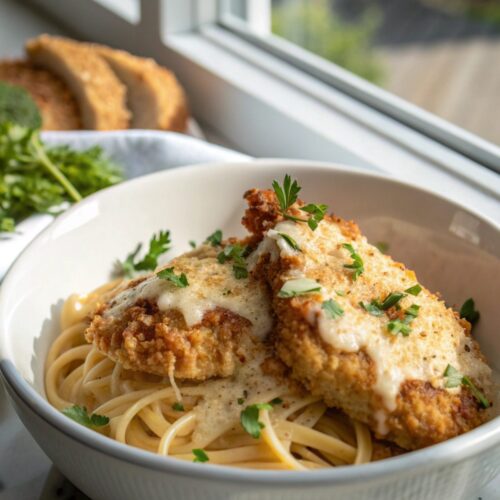 A delicious serving of crispy Parmesan chicken with garlic sauce, plated beautifully.
