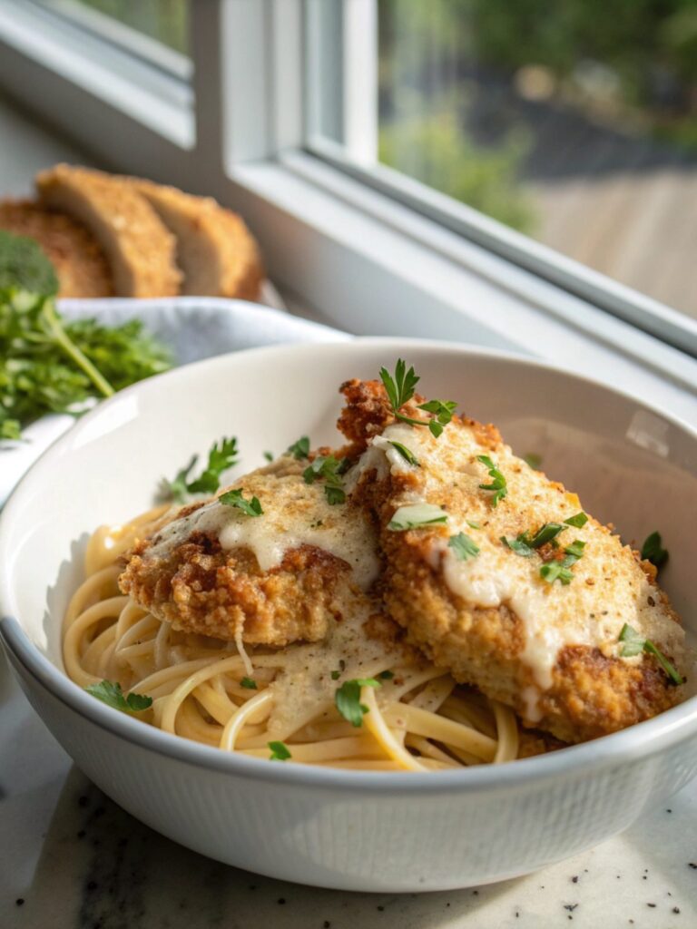 A delicious serving of crispy Parmesan chicken with garlic sauce, plated beautifully.