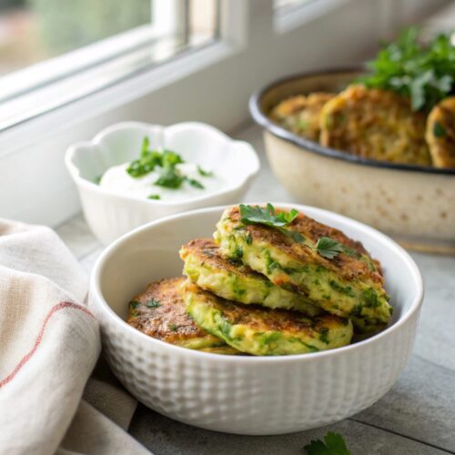 Crispy vegan zucchini fritters served fresh.