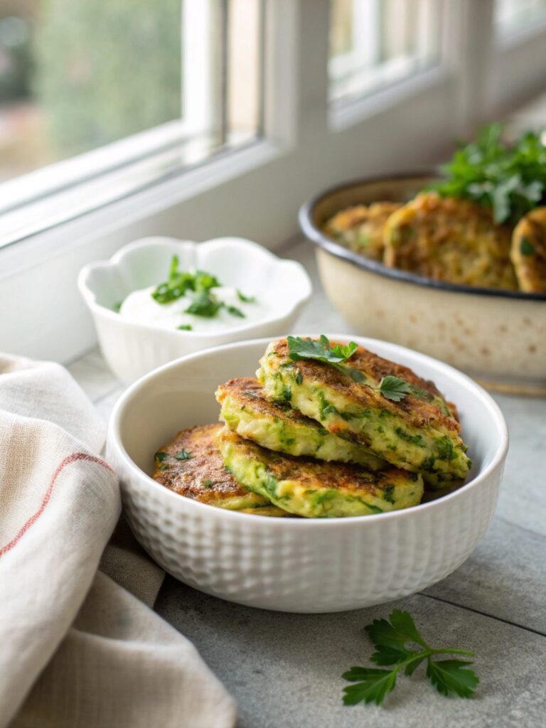 Crispy vegan zucchini fritters served fresh.