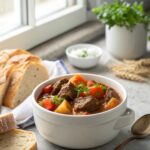 A hearty bowl of crock pot beef stew with vibrant vegetables.