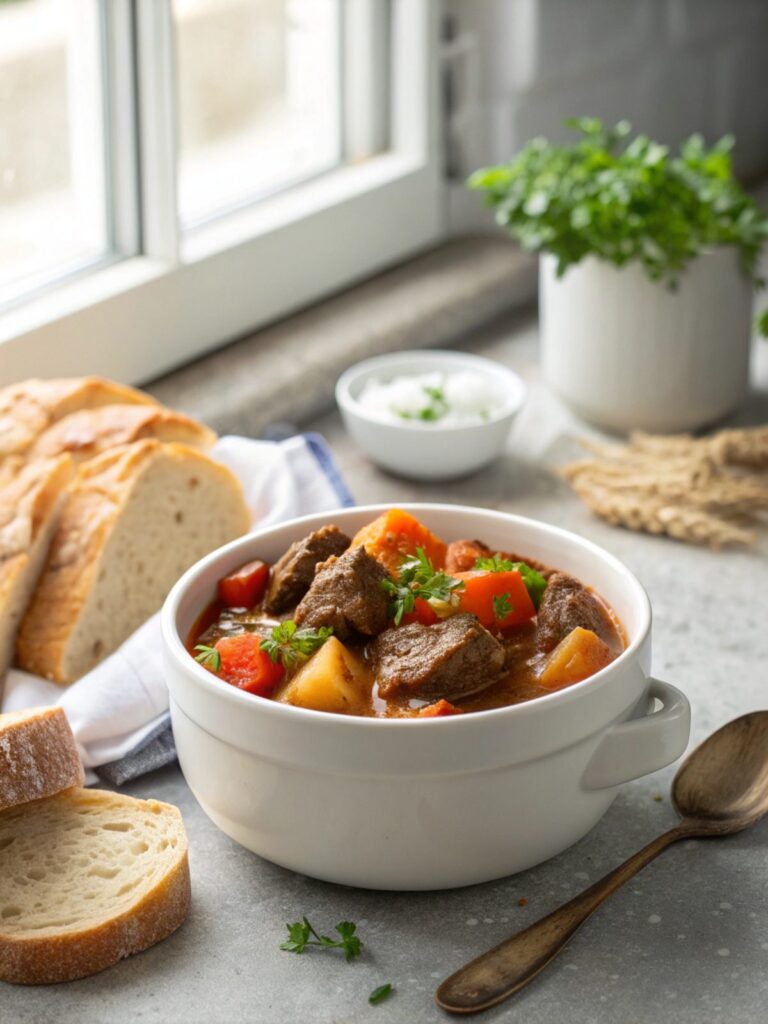 A hearty bowl of crock pot beef stew with vibrant vegetables.