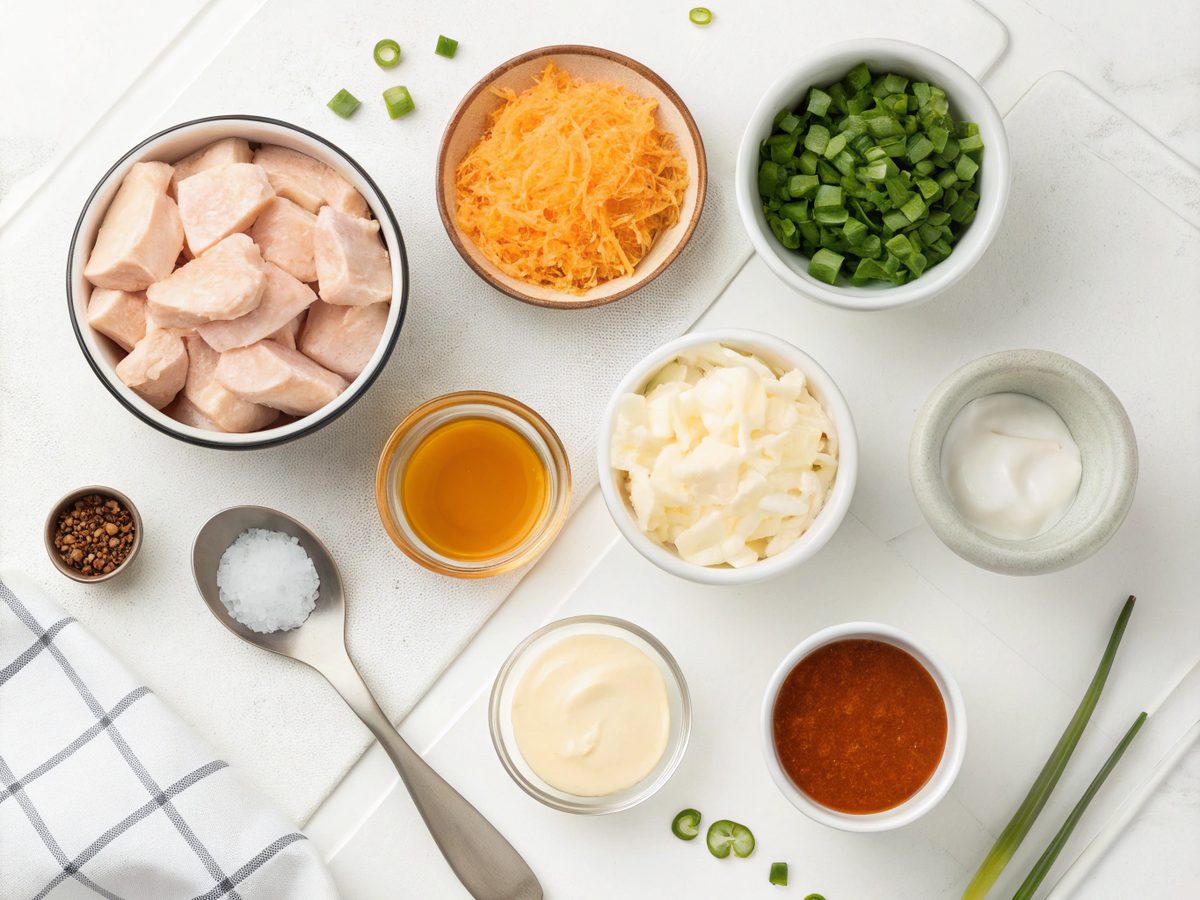 Ingredients for Crock Pot Buffalo Chicken Dip laid out on a kitchen counter.