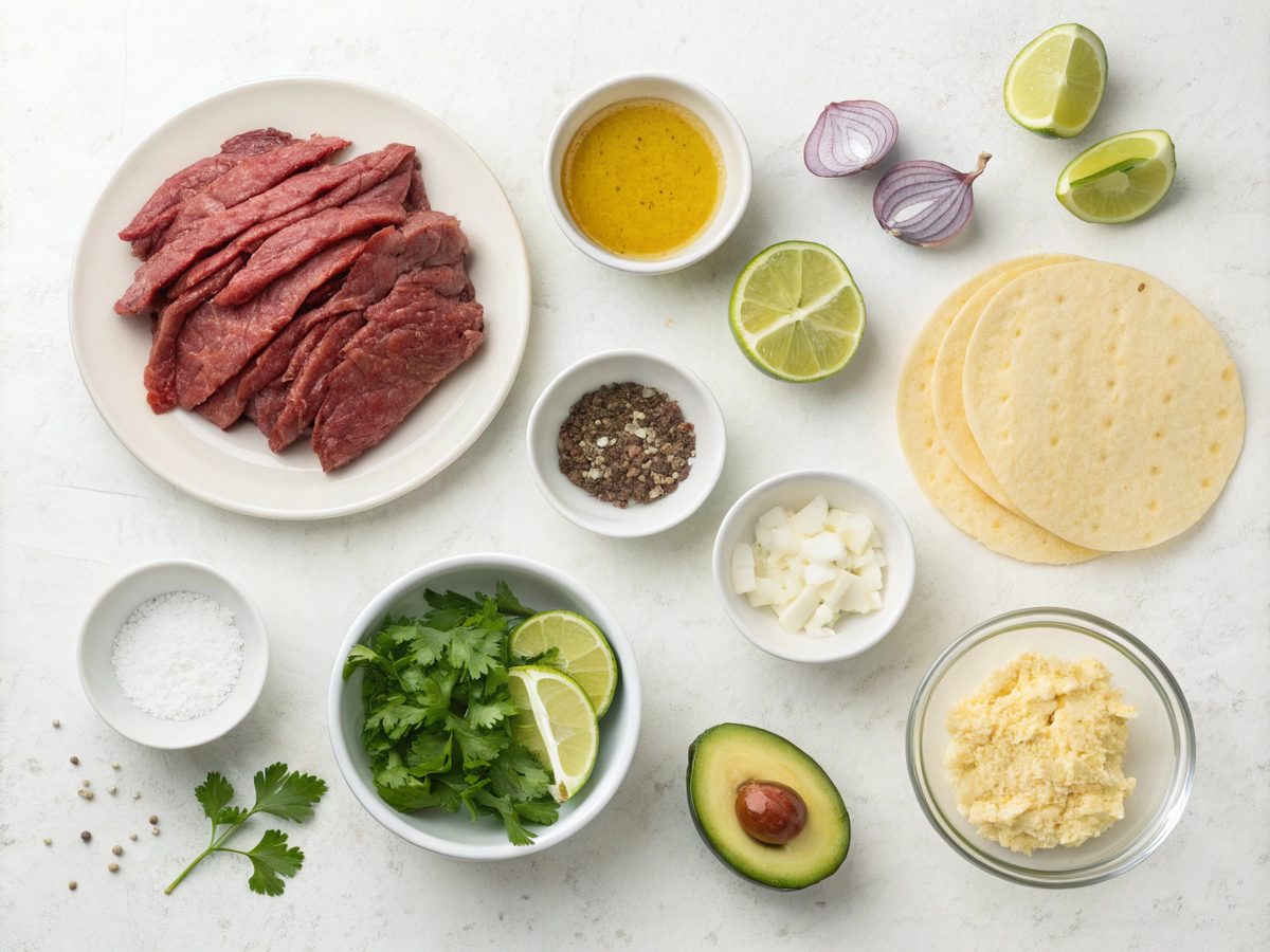 Flat lay of crock pot carne asada tacos ingredients