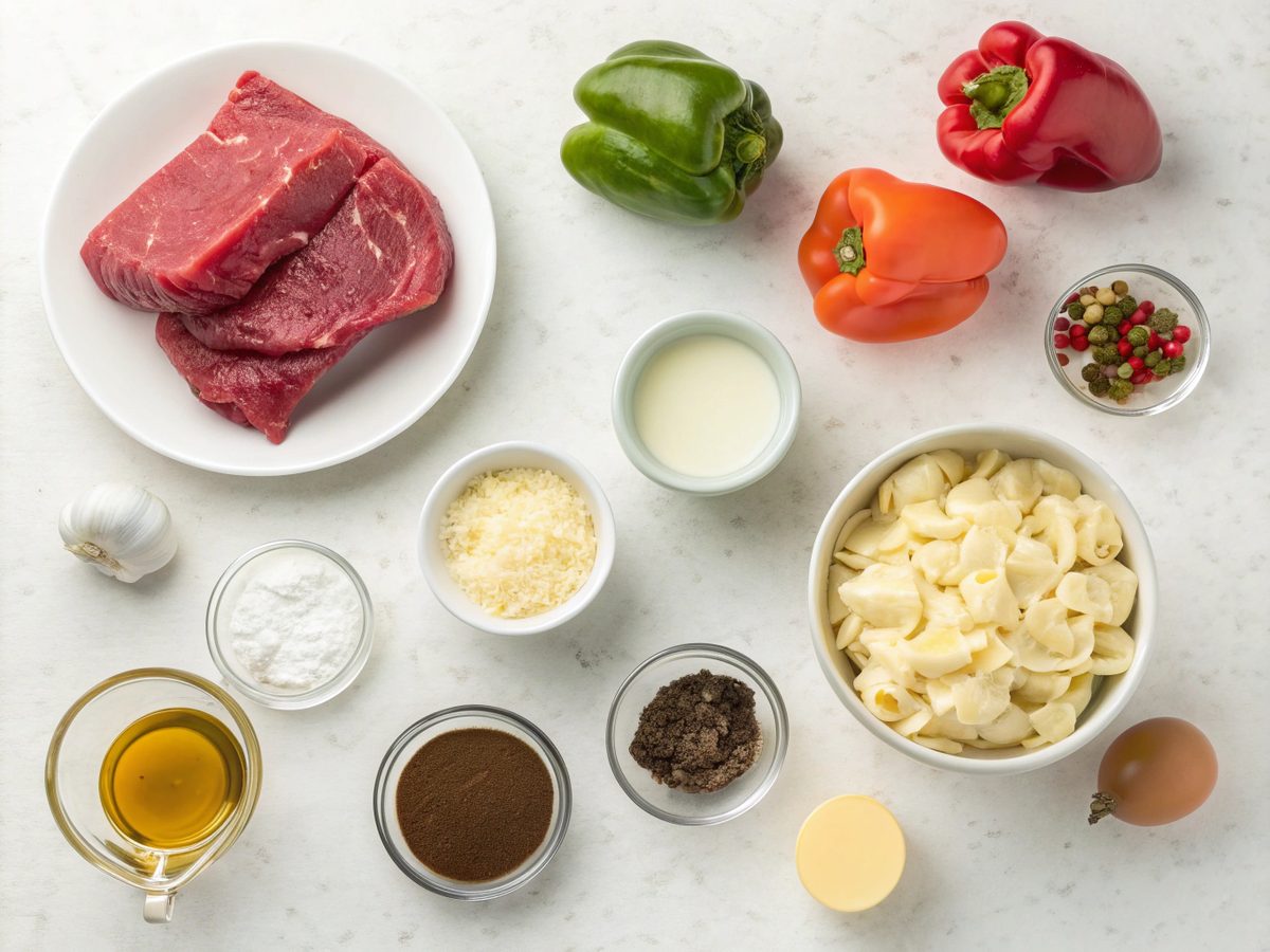 A flat lay showing ingredients for Crock Pot Cheesesteak Tortellini