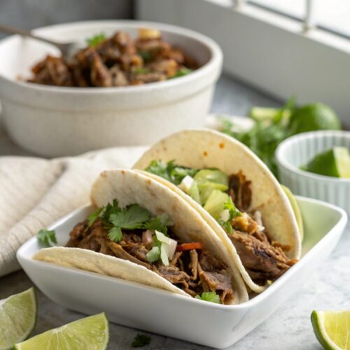 Feature image showing the delicious Crock Pot Mexican Shredded Beef Tacos served and garnished.