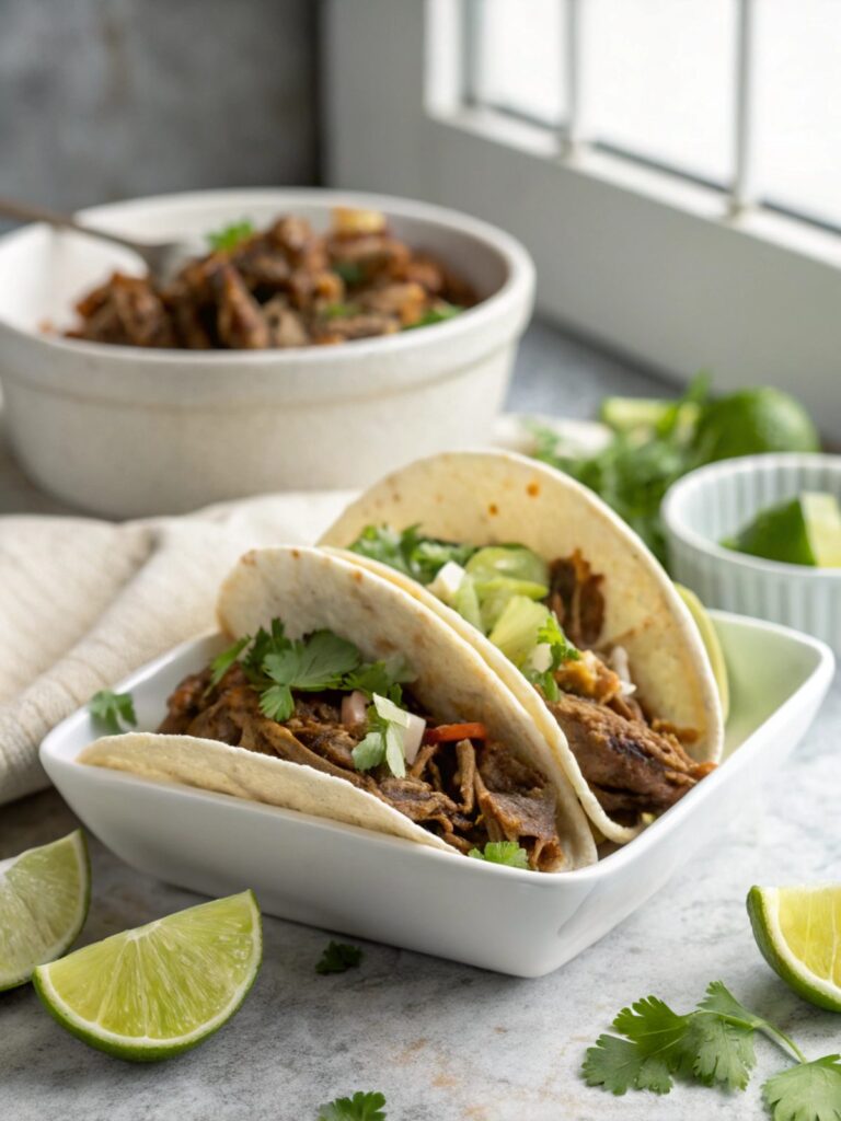 Feature image showing the delicious Crock Pot Mexican Shredded Beef Tacos served and garnished.
