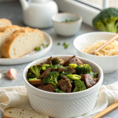 Beautiful close-up of crockpot beef broccoli, served with freshly sauteed broccoli and tender beef.