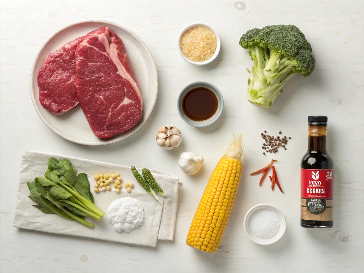 Ingredients needed for Crockpot Beef Broccoli Recipe displayed.