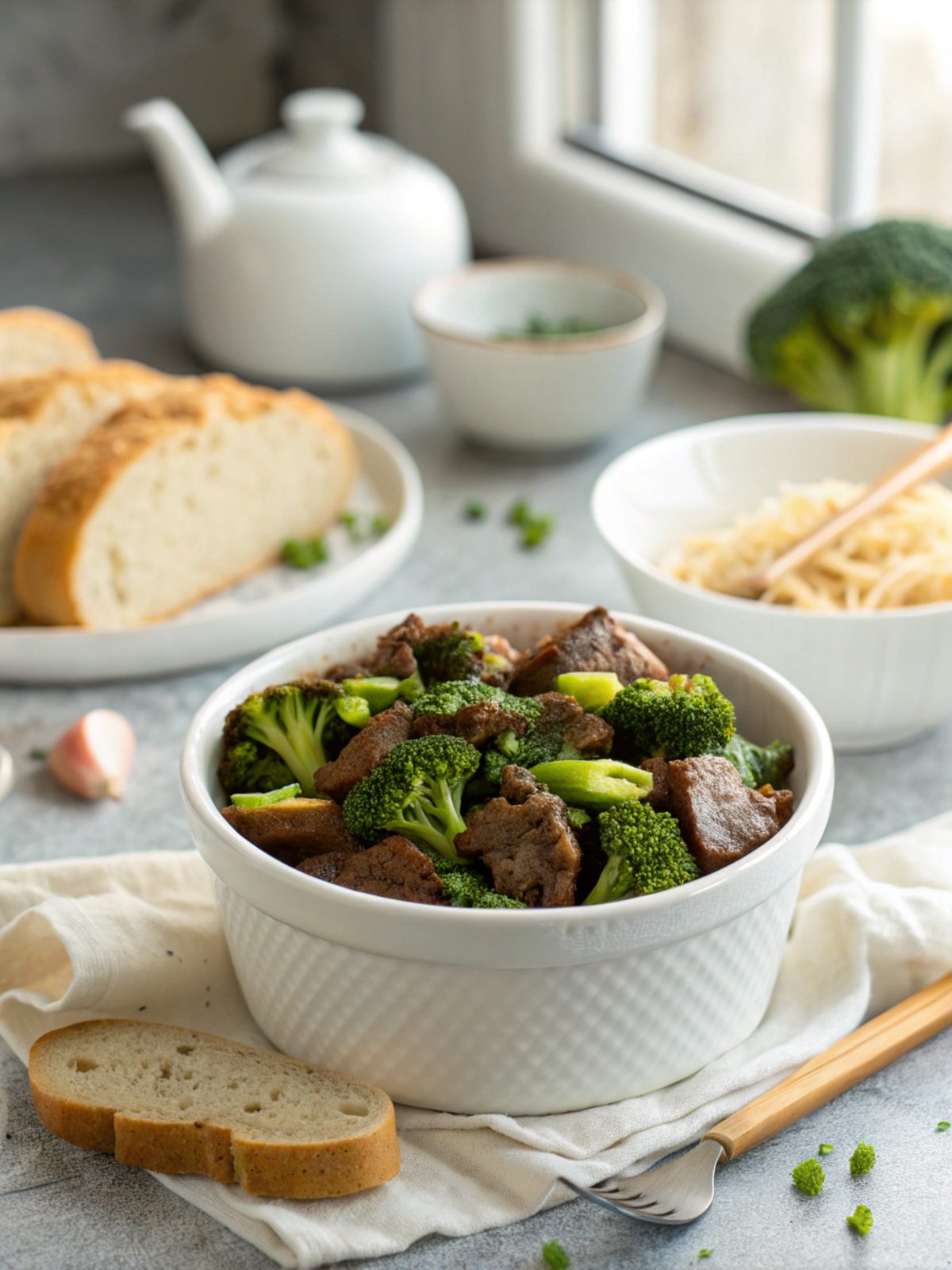 Beautiful close-up of crockpot beef broccoli, served with freshly sauteed broccoli and tender beef.