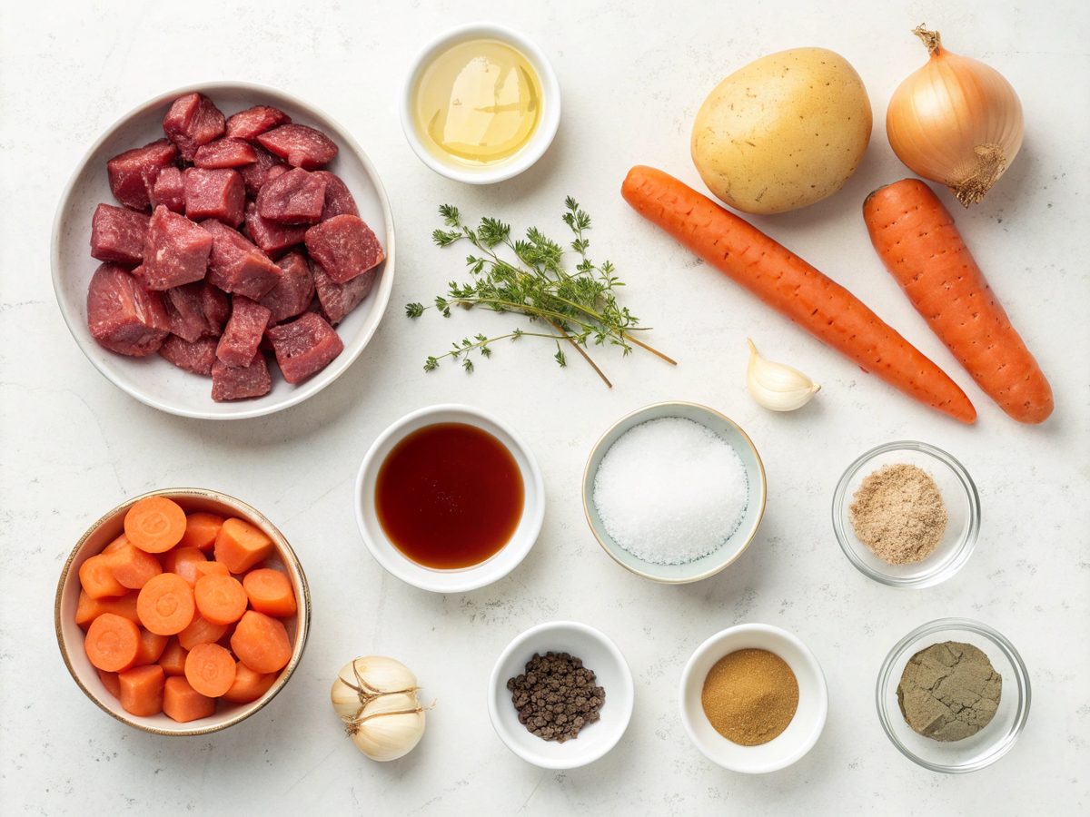 Top view of ingredients for crockpot beef stew