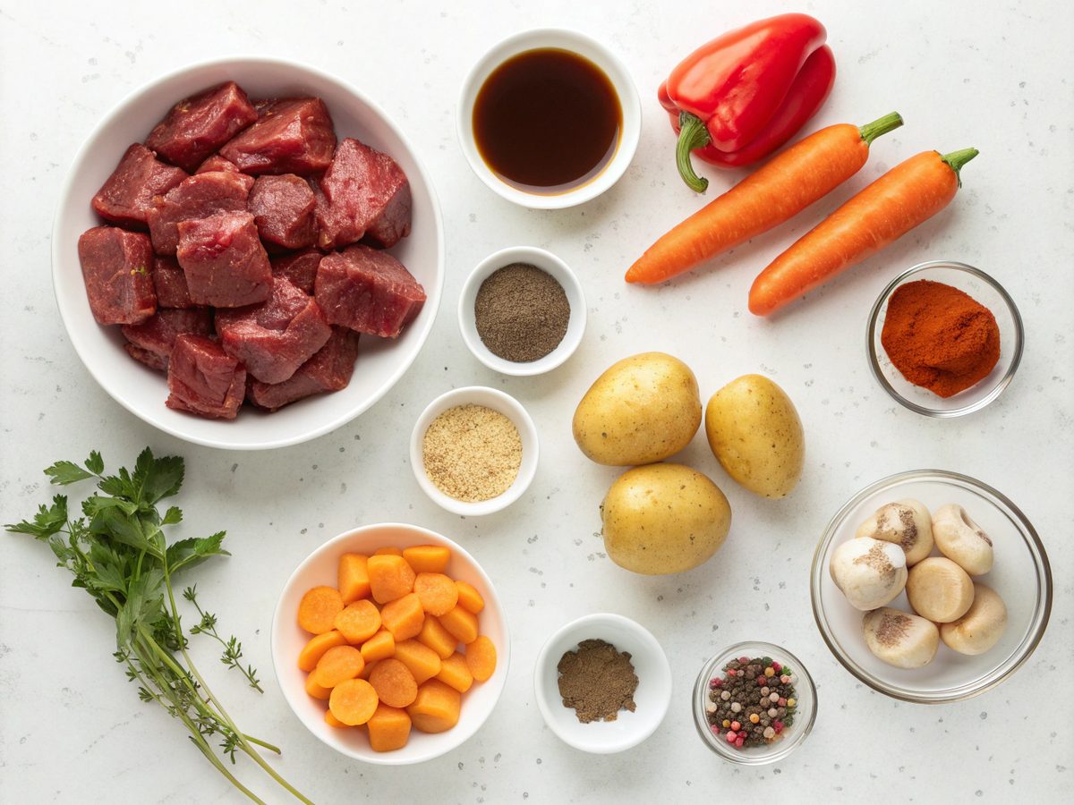 Crockpot beef stew with peppers ingredients laid out on a counter.