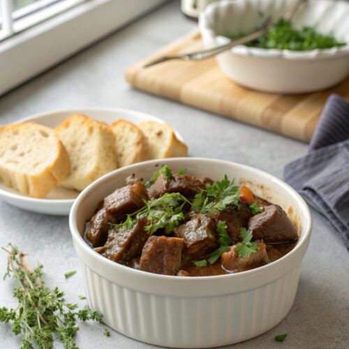Image showing a rich and savory crockpot beef tips recipe presented attractively.