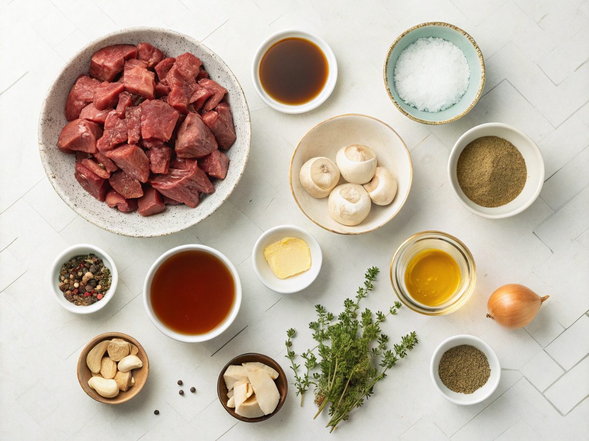 Visual display of ingredients for making the crockpot beef tips recipe.