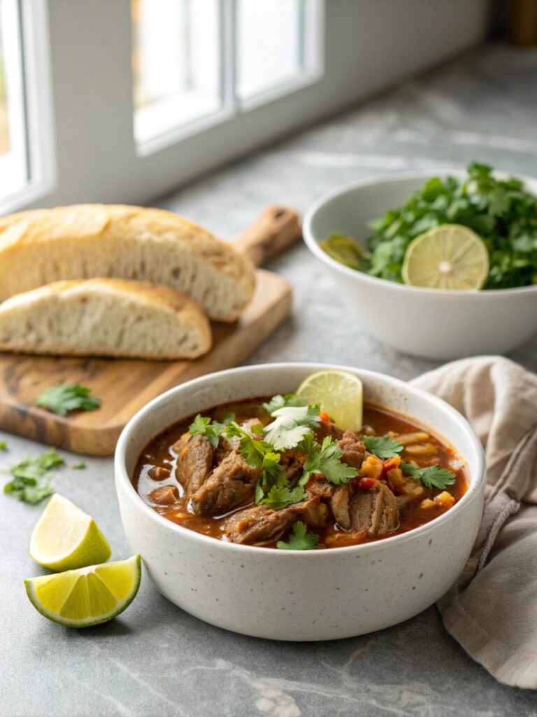 Savory Crockpot Birria de Res served simply garnished in a white bowl.
