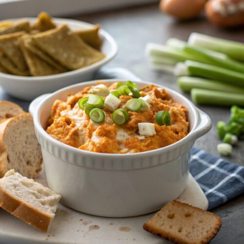 Illustration of Crockpot Buffalo Chicken Dip, showing a cheese-laden dish served with tortilla chips.