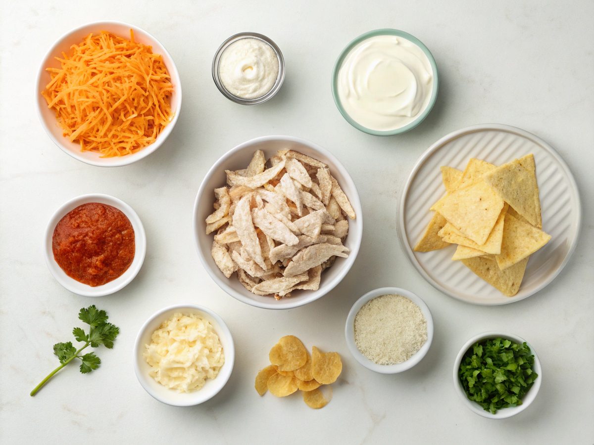 Ingredients for making crockpot buffalo chicken dip laid out on a white counter.