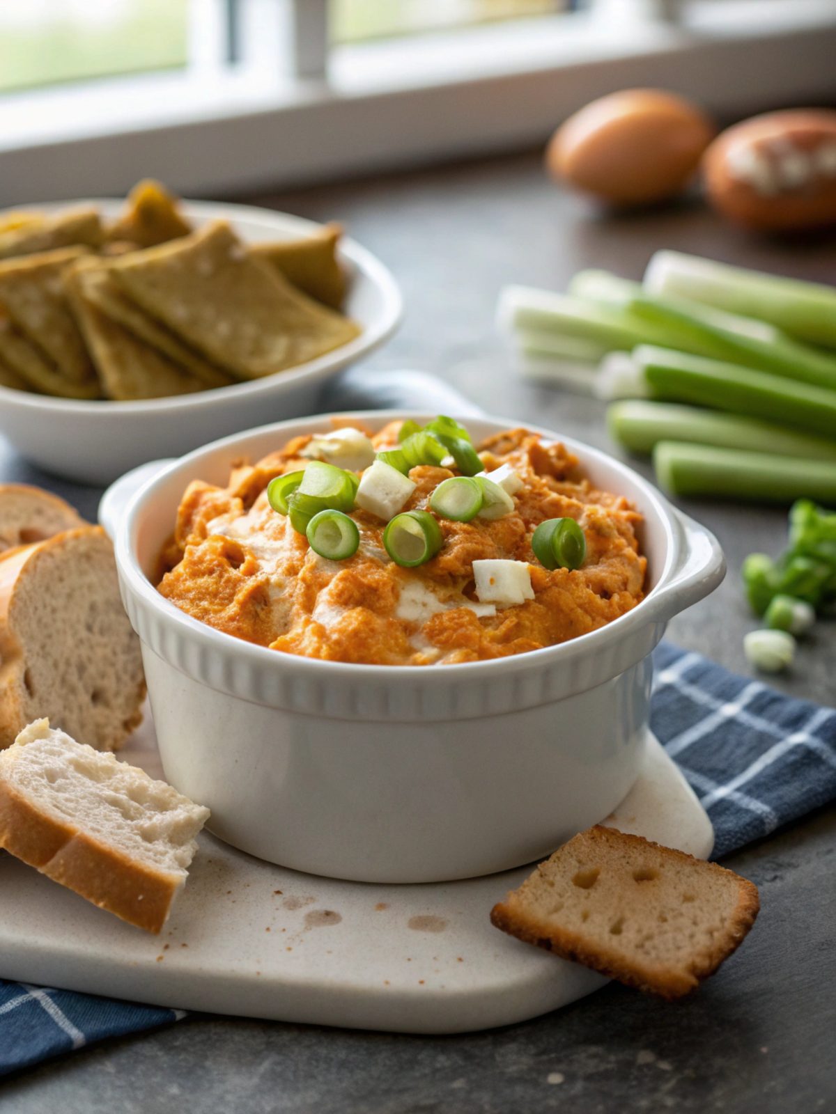 Illustration of Crockpot Buffalo Chicken Dip, showing a cheese-laden dish served with tortilla chips.