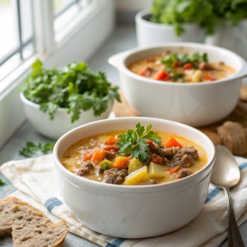 Featured image of crockpot cheeseburger soup showing all its deliciousness