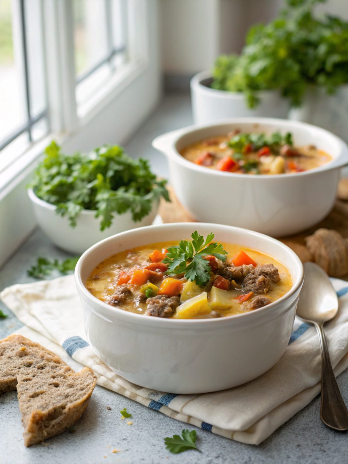 Featured image of crockpot cheeseburger soup showing all its deliciousness