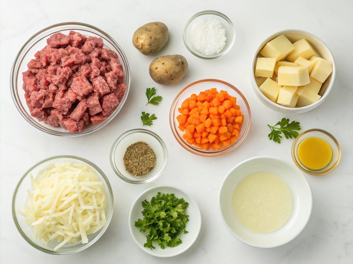 A flat lay of Crockpot Cheeseburger Soup ingredients on a white counter