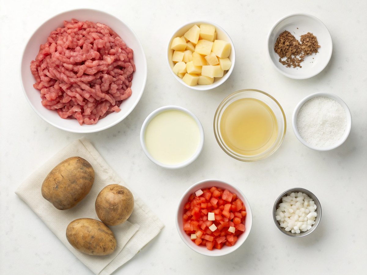 A visual presentation of crockpot cheeseburger soup ingredients.