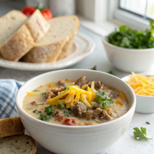 Delicious crockpot cheeseburger soup served in a bowl