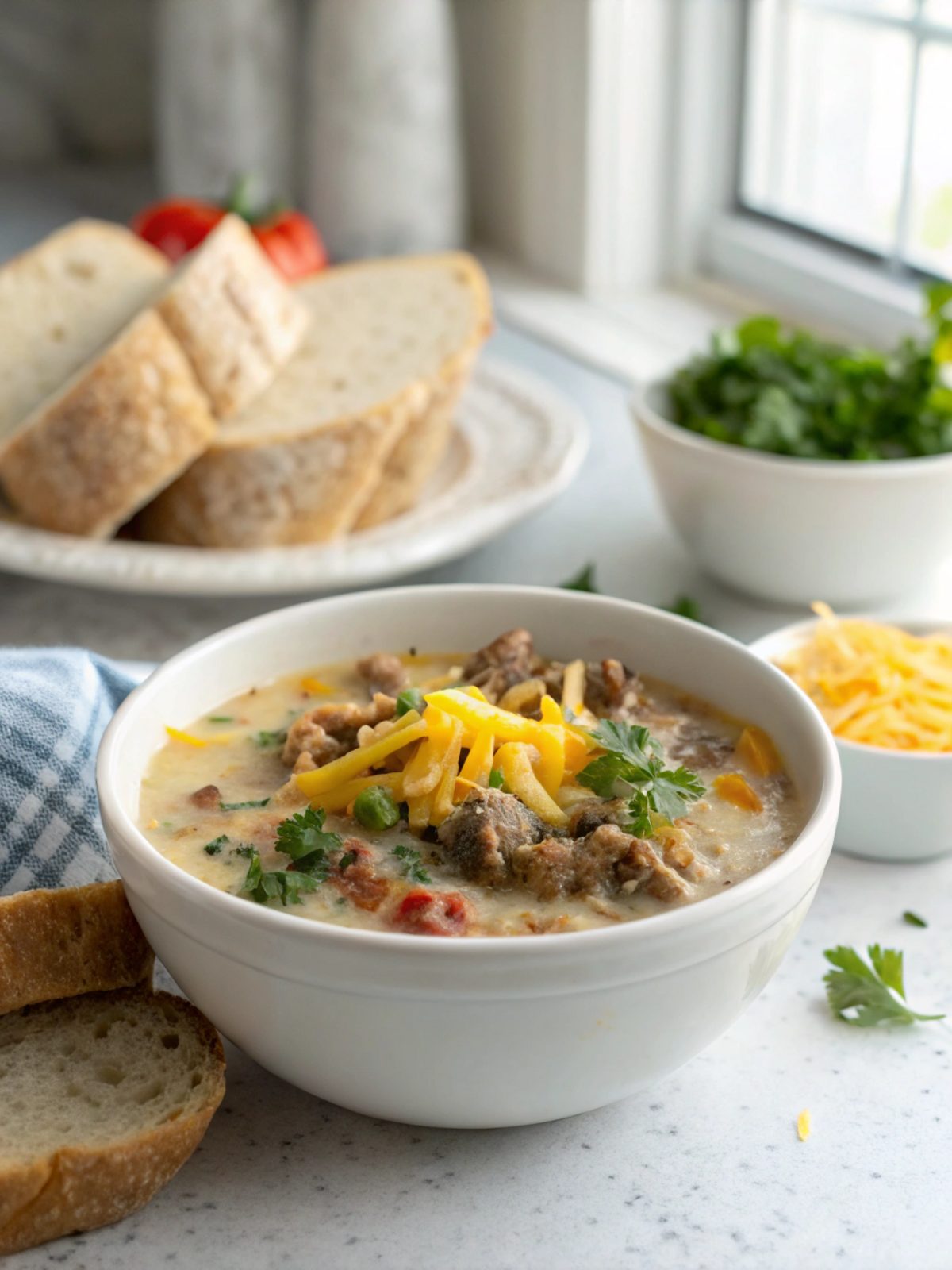 Delicious crockpot cheeseburger soup served in a bowl
