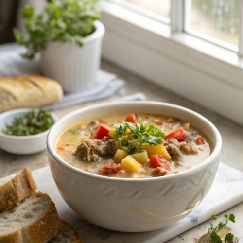 A beautiful bowl of Crockpot Cheeseburger Soup, garnished and ready to serve
